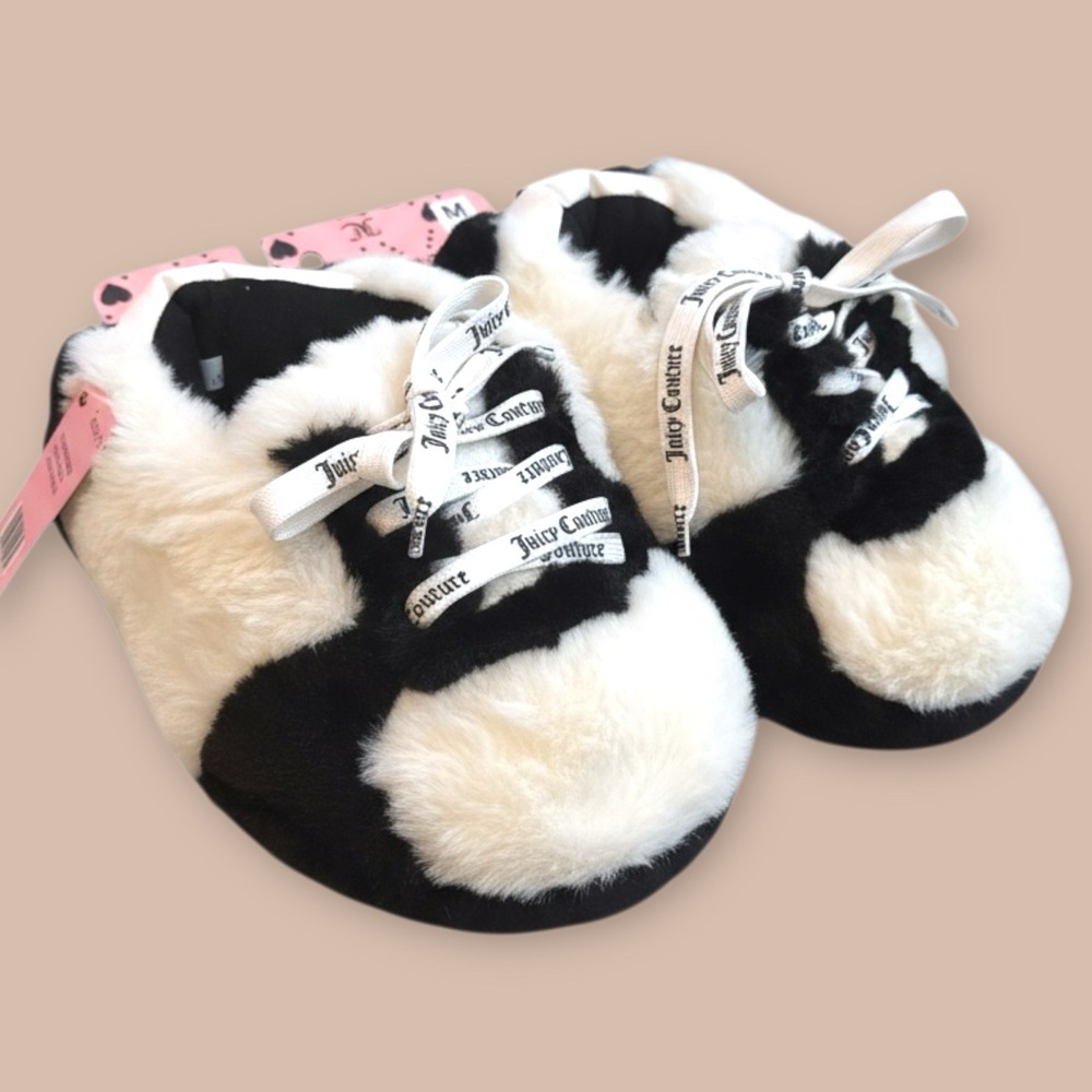 Juicy Couture Black White Faux Fur Slippers Sneaker Style | Size M (6.5–7.5) NWT